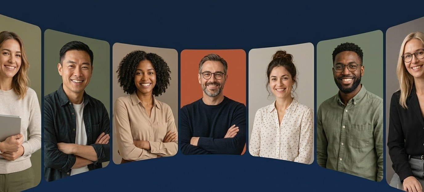 Personas del equipo, en tarjetas curvas, sonriendo a la cámara
